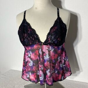 Vintage Y2K BCBGeneration Black Pink Floral Lace Babydoll Lingerie Camisole M